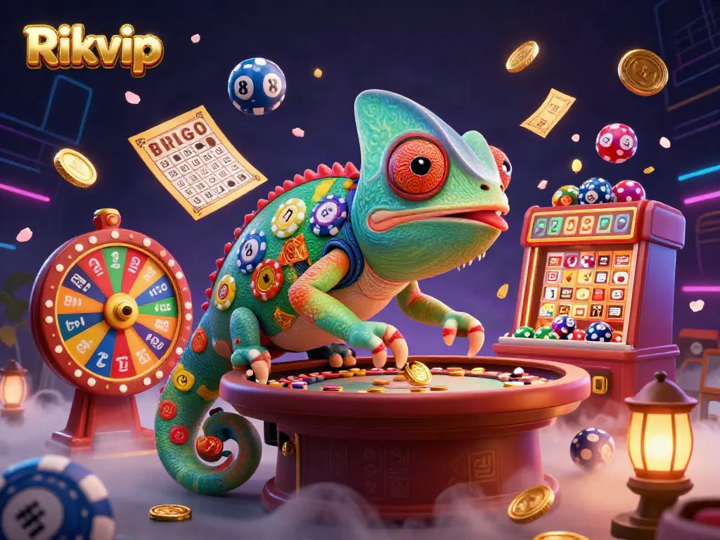 Engage in excitement with Rikvip in a vibrant casino-themed illustration full of dynamic game elements.
