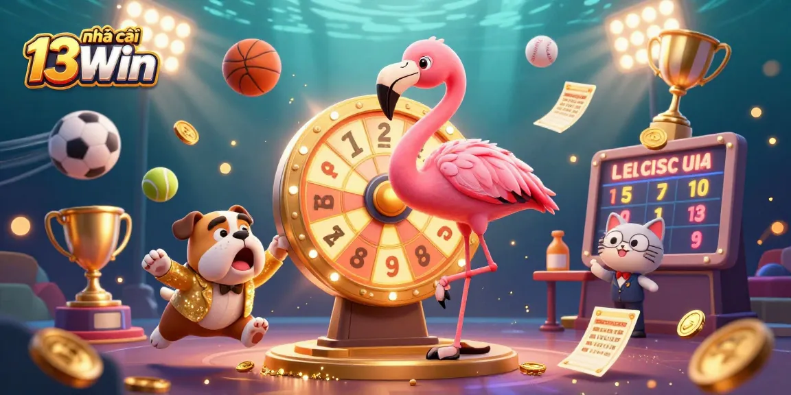Engage with the dynamic scene featuring nhà cái 13Win where a flamingo host spins a giant prize wheel, enhancing the gambling experience for players.