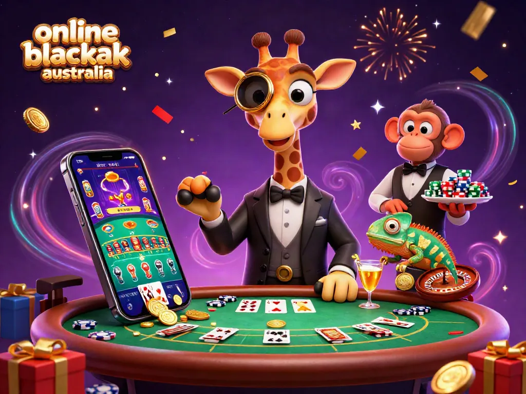 Experience thrilling online blackjack Australia with a high-roller giraffe, vibrant cards, and animated themes.