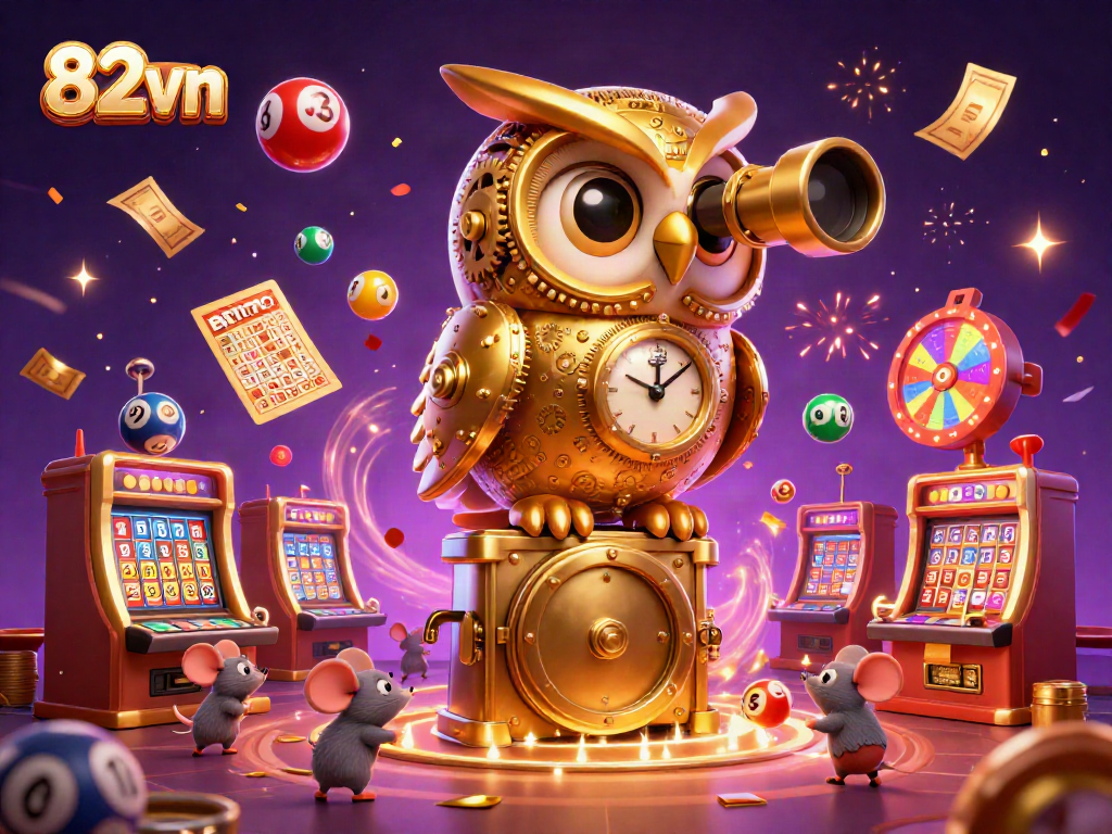Experience vibrant lottery action with 82vn’s energetic casino illustration featuring a golden owl and colorful games.