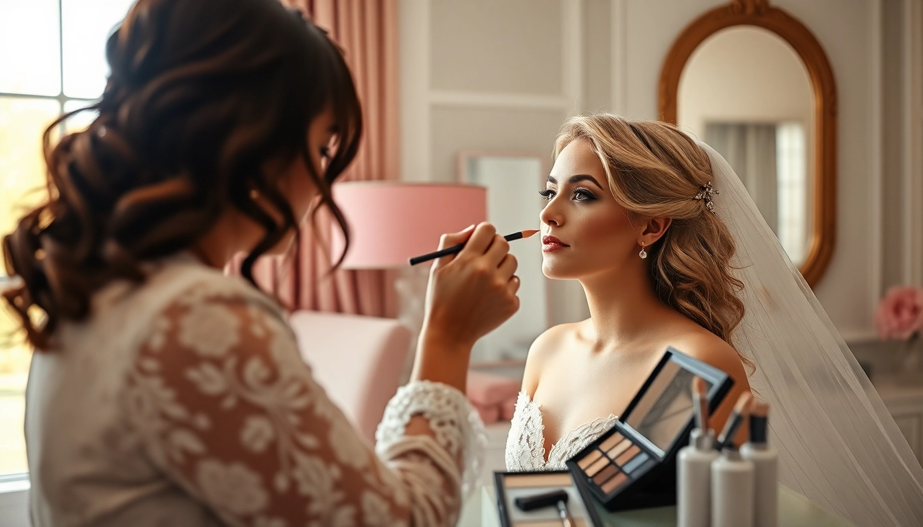 Dallas bridal makeup artist creating a flawless bridal look in a charming setting.