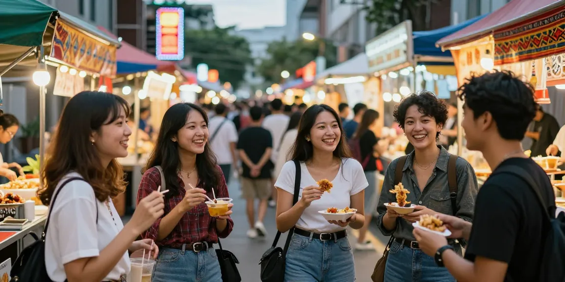 Gái gọi vui vẻ trong không gian phố thị, thưởng thức ẩm thực và giao lưu bạn bè.