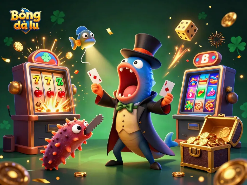 Bóng đá lu live update showcases a vibrant 3D casino scene full of winning symbols and energetic action.