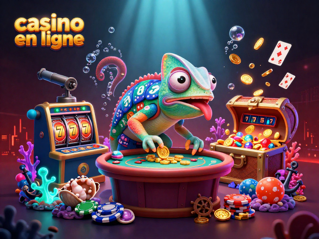 Une illustration animée montrant un chameleon propriétaire de casino en ligne attrapant des pièces d'or, entouré d'éléments de machines à sous.