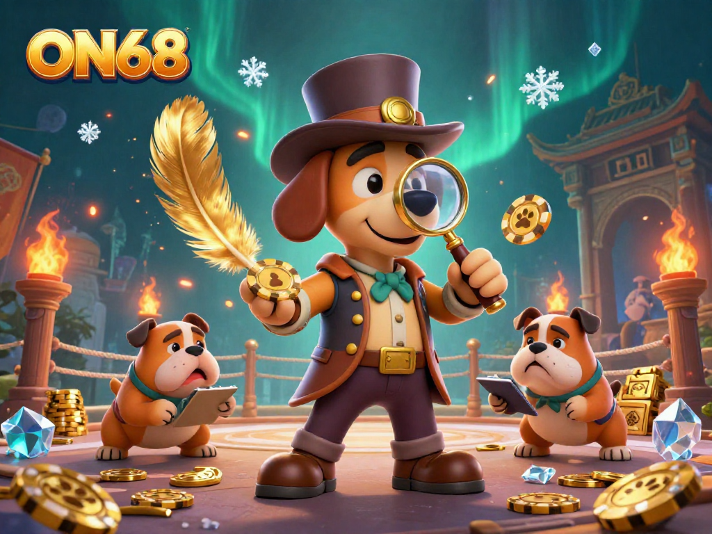 ON68 reveals golden poker chips through a cartoon detective and bulldog duo, immersed in a vibrant gaming scene.