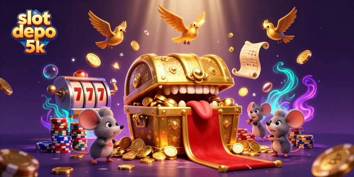 Engage with slot depo 5k's exciting treasures, showcasing golden coins, slot machine reels, and vibrant casino elements.