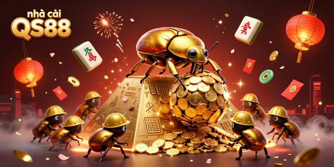 Experience the excitement of nhà cái QS88 with golden beetles and casino symbols rolling in a vibrant 3D scene.