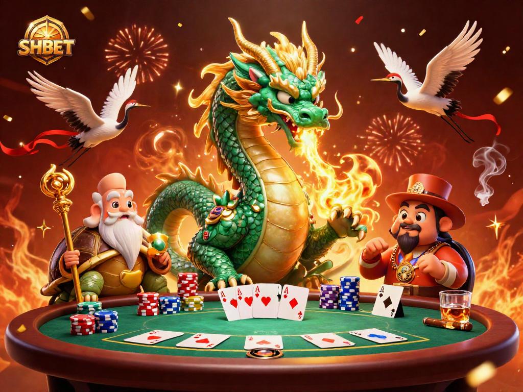 SHBET promotes thrilling poker action with a vibrant scene featuring a dragon and other iconic elements.