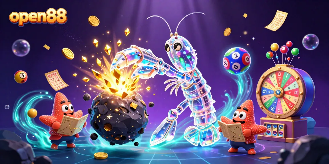 Experience the excitement of open88 with galactic samurai mantis shrimp amidst a vibrant casino scene.