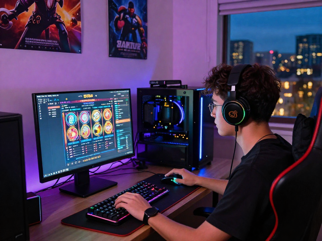 Pengguna situs slot bermain dengan fokus di depan layar komputer, aksesori gaming di sekitar.