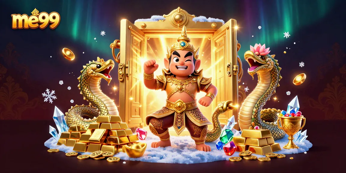 Experience the excitement of me99 Casino with vibrant characters, gold treasures, and dynamic elements.