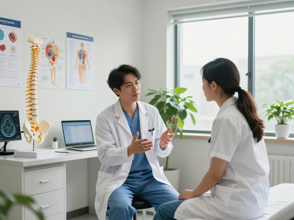 Bel fıtığı ameliyatı consultation in a modern medical clinic with patient and surgeon.