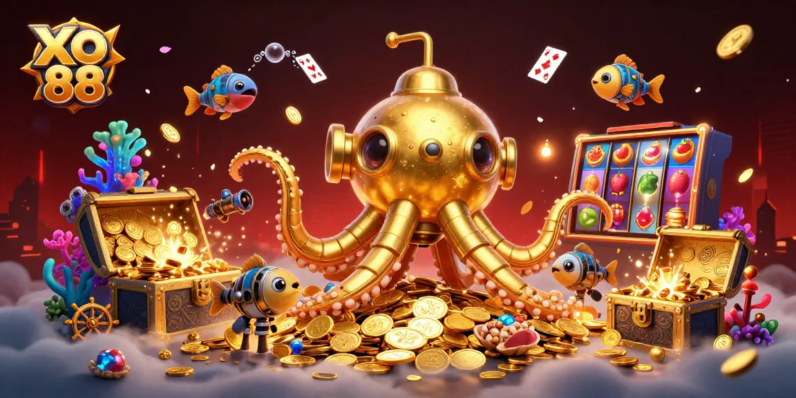 Experience the excitement of XO 88 with a vivid 3D scene featuring golden kraken submarine and treasure-filled underwater elements.