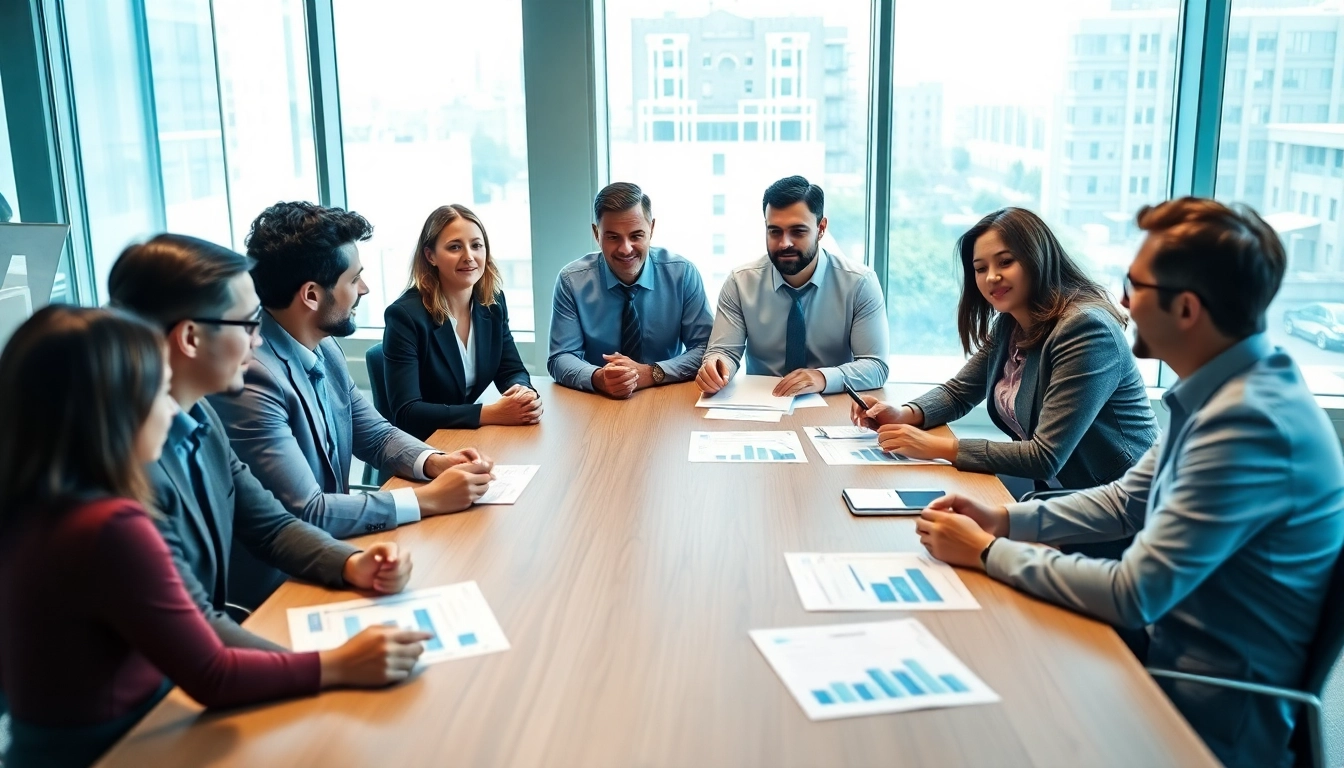 Engaged professionals discussing Federal and State contracts and grants in a modern meeting room.