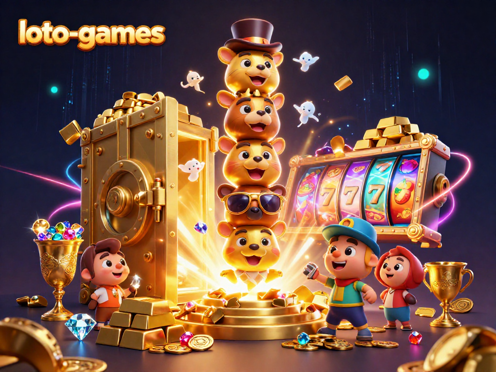 Experience the excitement of loto-games with vibrant slot reels and a golden totem pole in this captivating illustration.