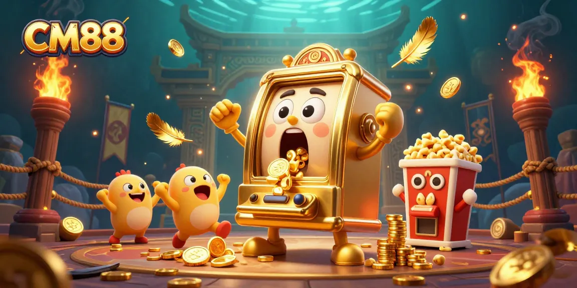 CM88 slot machine celebrates a jackpot win with coins pouring out in a lively casino scene.