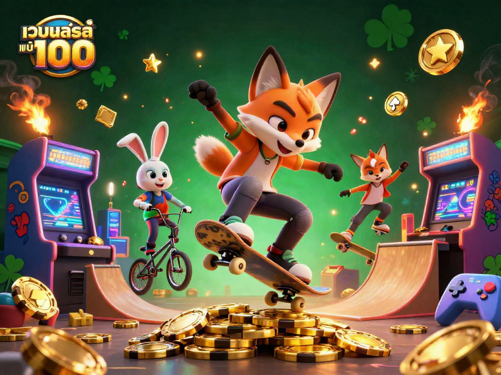 Jump into เว็บสล็อต แท้ 100 เปอร์เซ็นต์ action with vibrant gaming characters and casino elements in a thrilling scene.