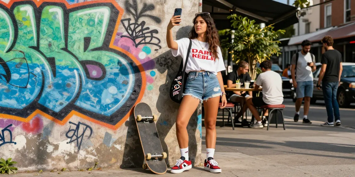 Youthful woman taking an attractive test selfie in stylish streetwear against vibrant graffiti.