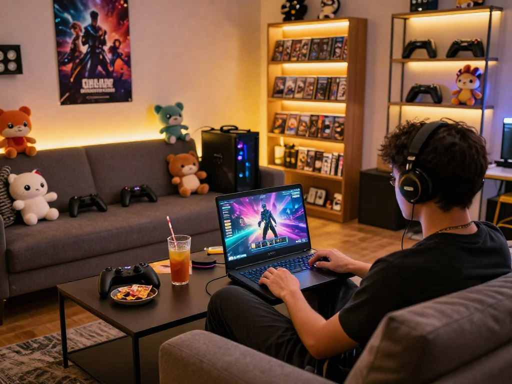 Engaging scene of a person enjoying a porn game on a laptop in a cozy gaming lounge with colorful graphics.