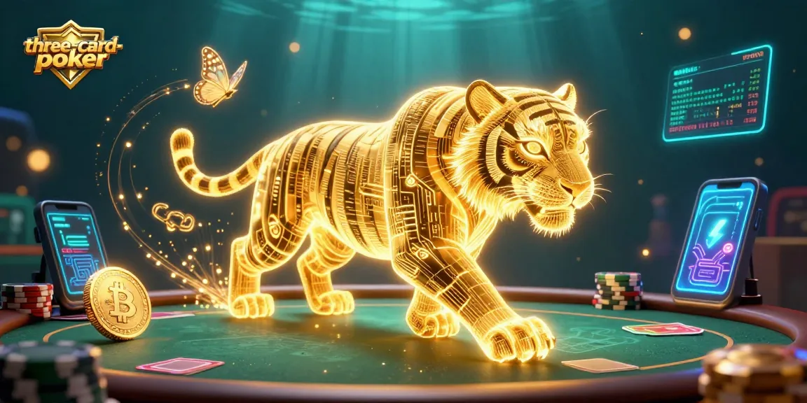 Experience three-card-poker excitement with a dynamic casino illustration featuring poker elements and a glowing tiger.