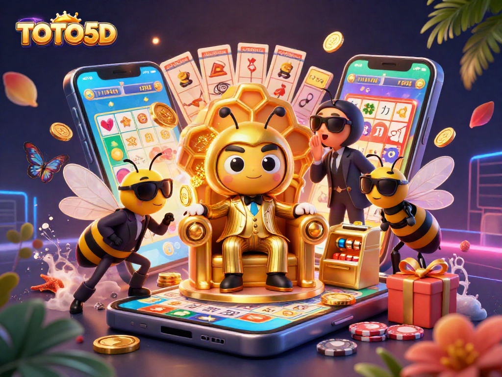 Play and win with TOTO5D lottery, featuring a vibrant 3D illustration of a mob boss theme.