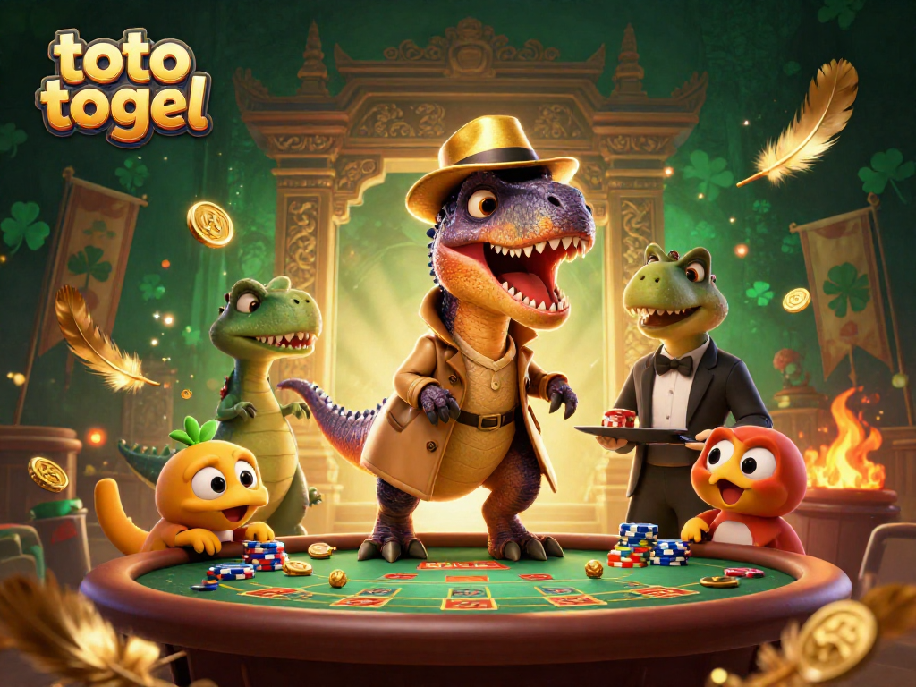 Permainan toto togel dengan velociraptor dan stegosaurus di meja kasino, penuh warna emas.