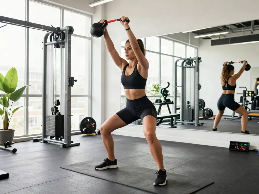 Youthful athlete performing kettlebell exercise showcasing the benefits of mots-c peptide in a vibrant gym environment.