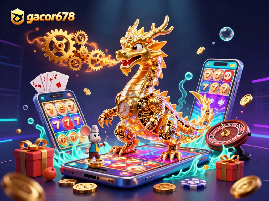 Engage with gacor678 through this vibrant casino illustration featuring golden treasures and dynamic game elements.
