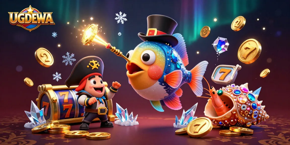 Attract golden coins with UGDEWA, featuring a deep-sea anglerfish and pirate shrimp in a vibrant slot scene.