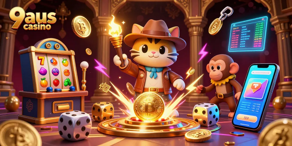 Exciting scene at 9aus casino with a cartoon archaeologist cat and monkey exploring golden artifacts amidst vibrant gaming elements.