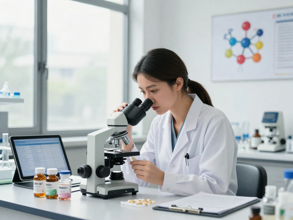BPC 157 Side Effects analysis in a modern laboratory featuring a scientist examining buccal strips.