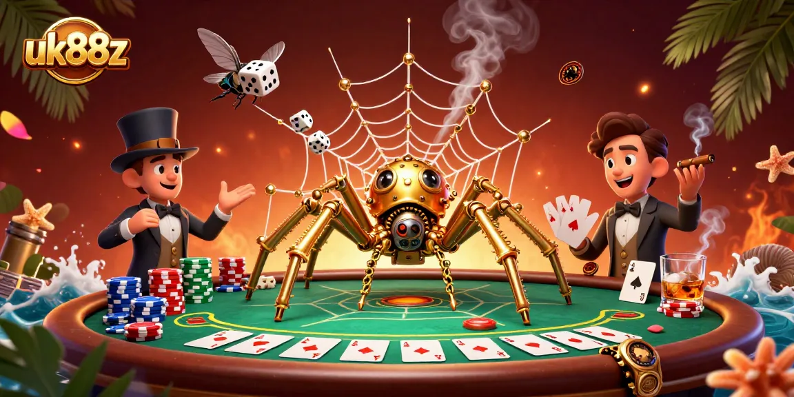 Experience thrilling gaming action with uk88z as the steampunk spider weaves a poker web.