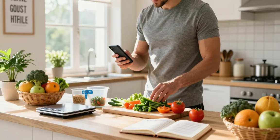 A determined individual using the best calorie tracking apps while preparing a healthy meal in a bright kitchen.
