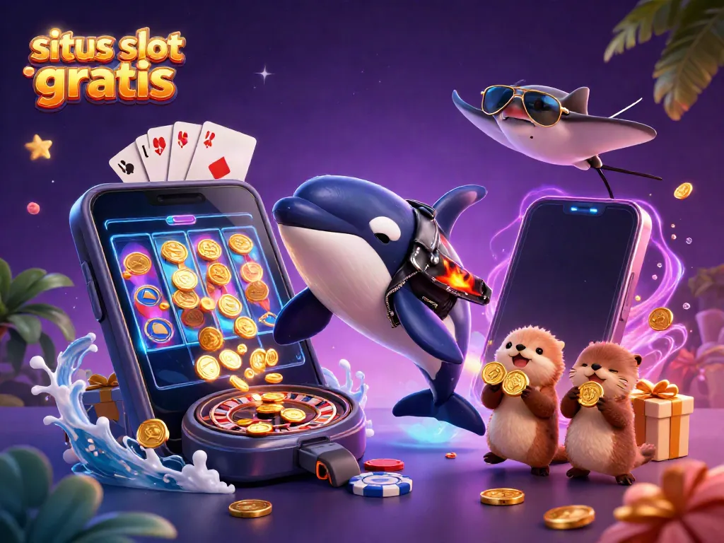 Experience the thrill of situs slot gratis with a vibrant 3D scene featuring a cartoon whale and sea otters!