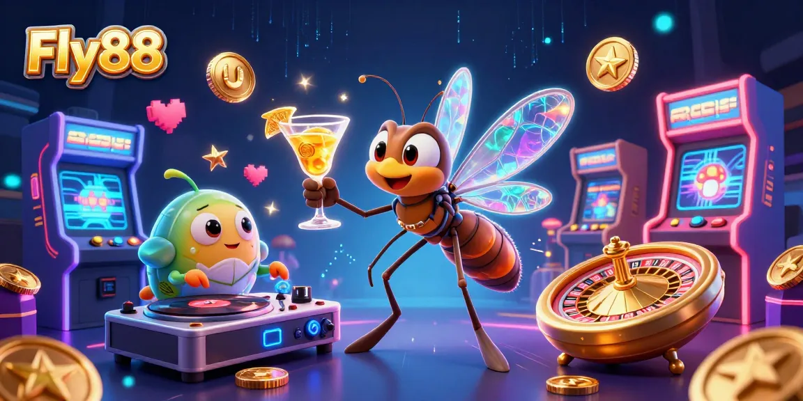 Fly88 engages players with a vibrant, 3D casino mascot scene full of gaming excitement