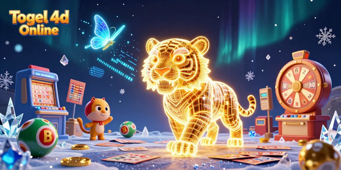 Engage with Togel 4d Online using the vibrant lottery-themed digital scene featuring a golden tiger and holographic butterflies.