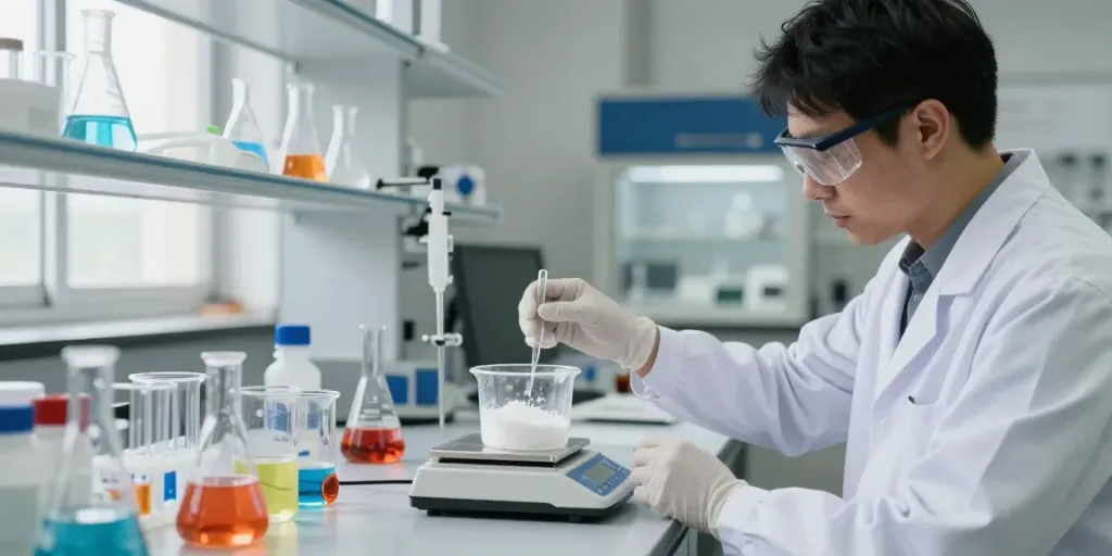 محیط آزمایشگاهی با دانشمند مشغول به کار با پتاسیم هیدروکسید و مواد شیمیایی
