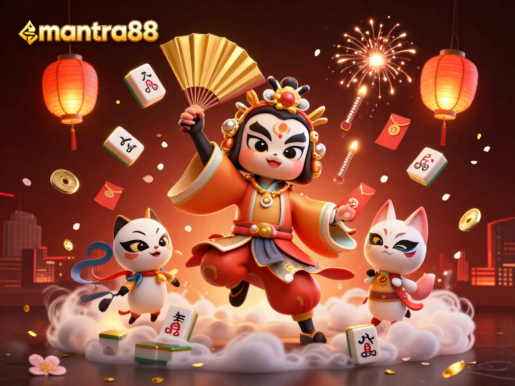 Experience exciting gameplay with mantra88 as a kabuki warrior and lucky symbols surround the action in this vibrant illustration.