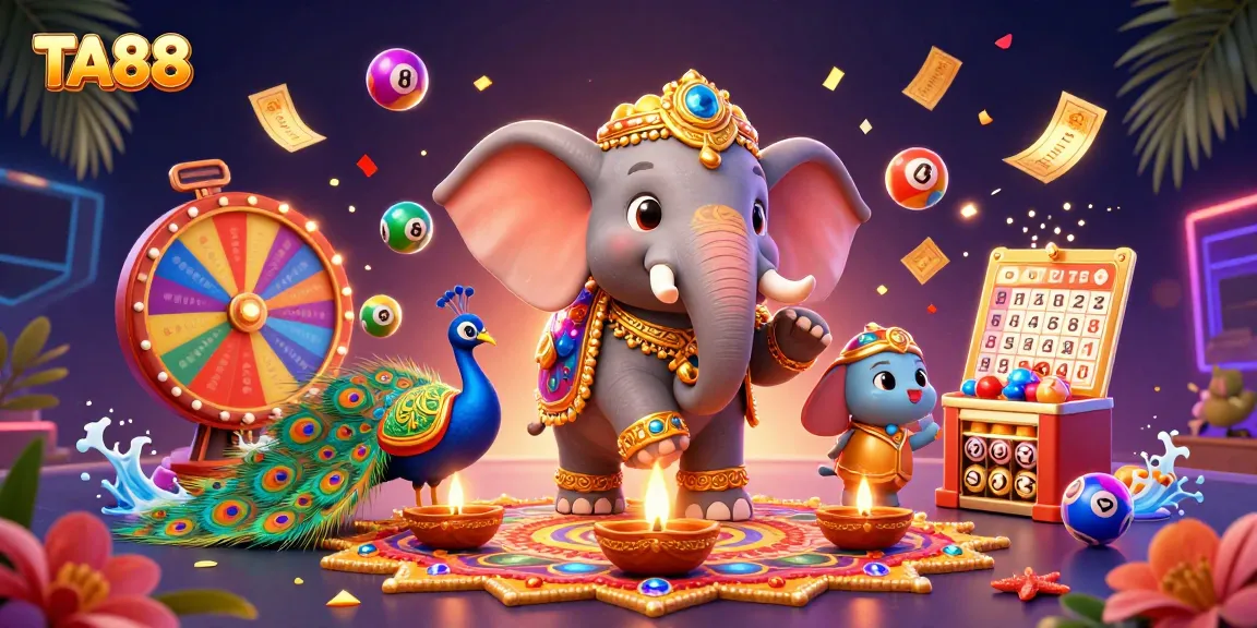 Experience the thrill of TA88 with vibrant lottery elements and a colorful Diwali-themed scene.