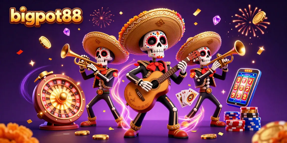 bigpot88 menampilkan band mariachi tengkorak dengan koin emas berhamburan dan efek cahaya berkilau.