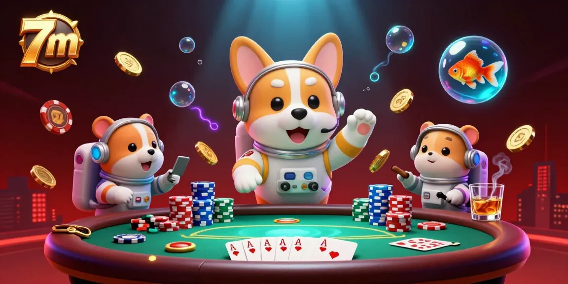 Engaging 3D scene of 7m casino features cartoon elements with astronaut corgi, poker chips, and vibrant colors.