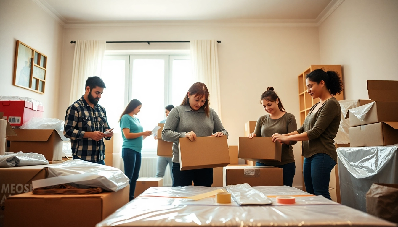 Professional Packing Services demonstrated by a skilled team organizing and wrapping belongings in a home.