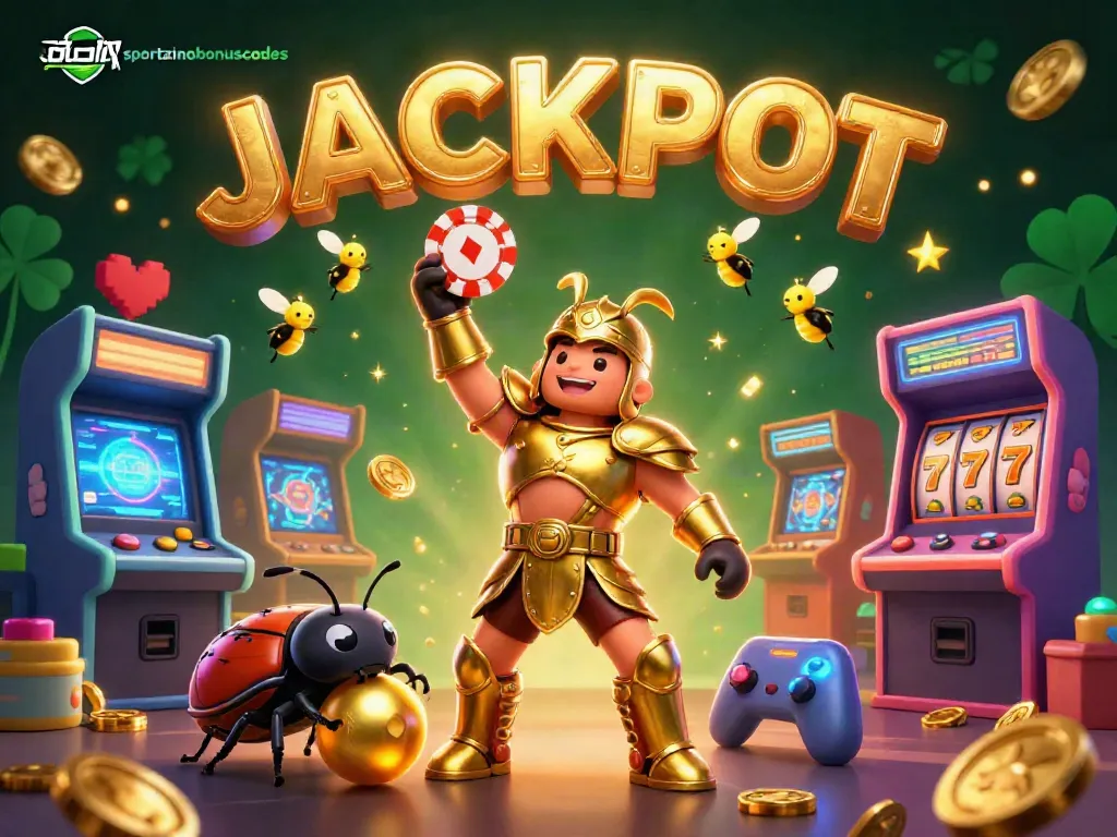 Win big with sportzinobonuscodes in a vibrant 3D casino scene featuring lucky symbols and characters.
