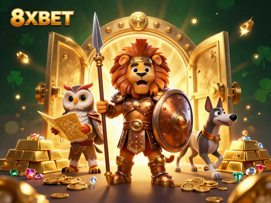 Experience thrilling wins with 8XBET showcasing a Spartan lion, owl strategist, and greyhound in an exciting casino scene.