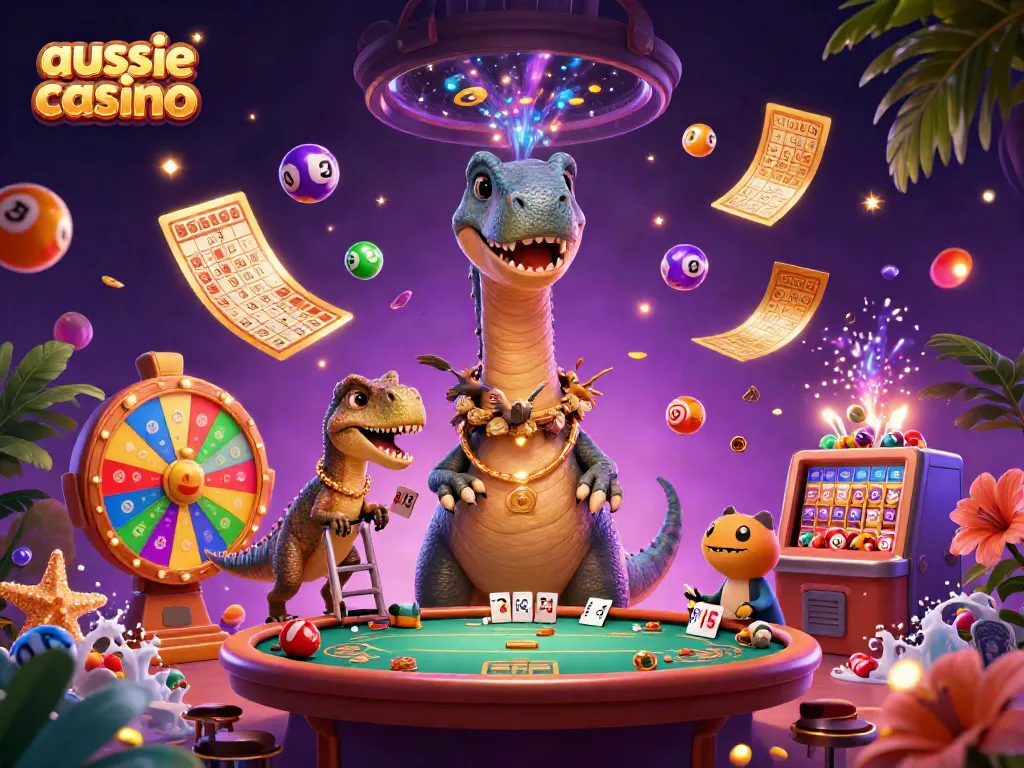 A vibrant scene at an aussie casino depicting a playful brontosaurus and clever raptor amidst lively game elements.