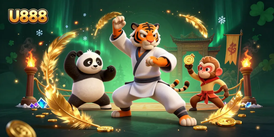 Experience the excitement at U888 as the kung fu tiger and panda showcase their skills amidst golden tokens and vibrant casino elements.