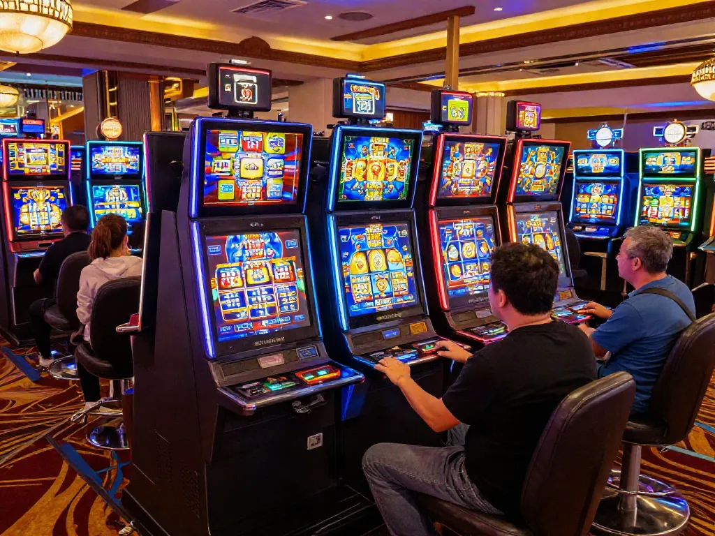Excited casino players enjoying slot gacor games illuminated by colorful lights.