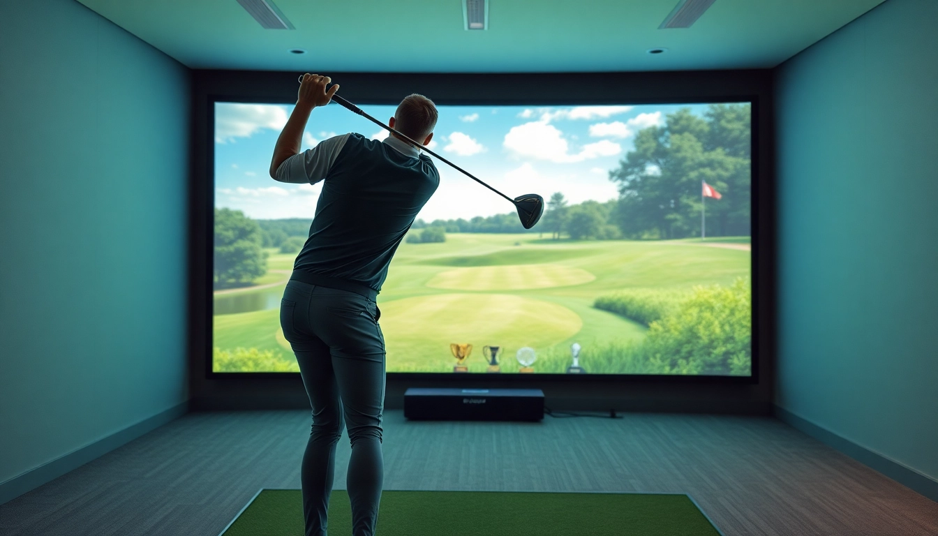Golfer activating a simulator in a modern indoor golf facility, showcasing technology and leisure.