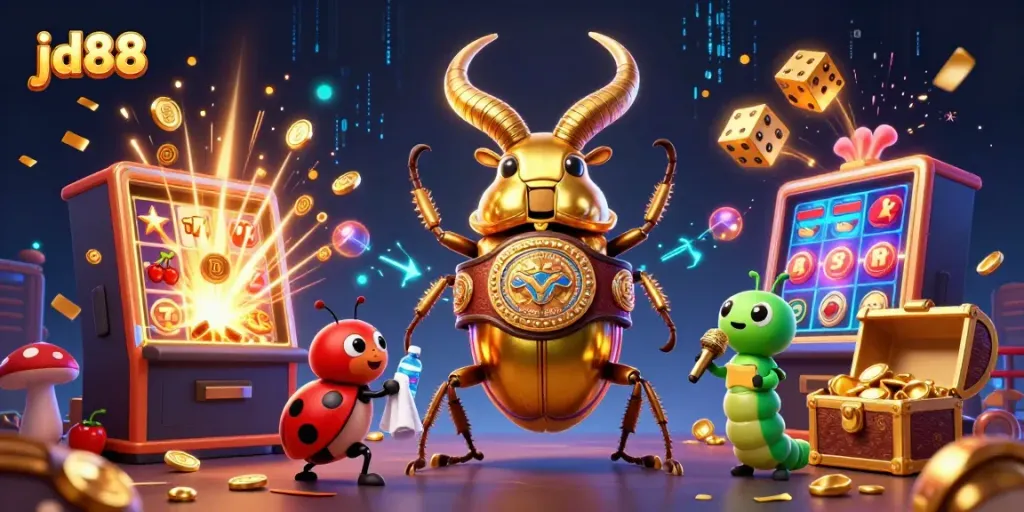 Experience the excitement of jd88 gaming with vibrant characters and dynamic casino elements in this colorful illustration.