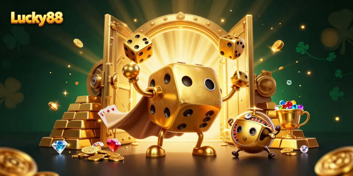 Experience thrilling wins at Lucky88 with a dynamic scene of golden dice, jewels, and vibrant casino elements.